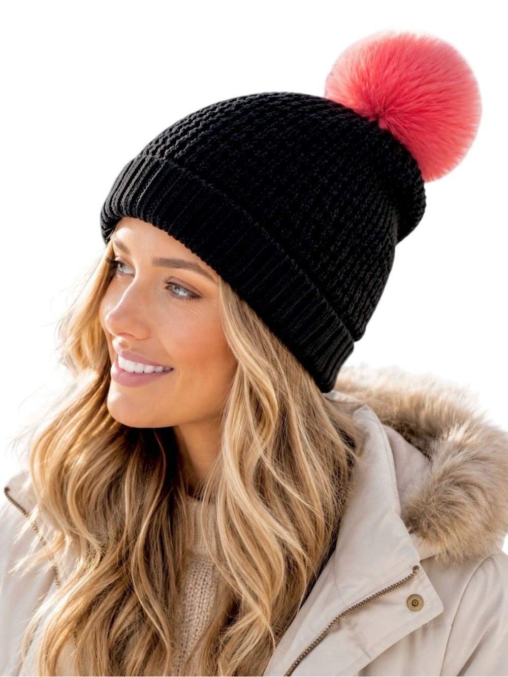 Norla Canada Pom Pom Cuffed Ribbed Knit Beanie NWT Black Nordstrom